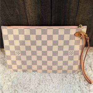 AUTHENTIC LOUIS VUITTON NEVERFULL ZIPPER POUCH Damier Azur Ballerina Pink lining